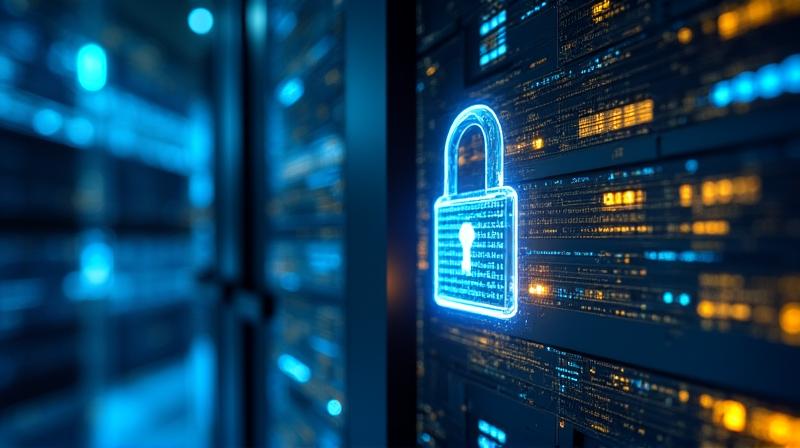 Secure server room with digital AI overlays